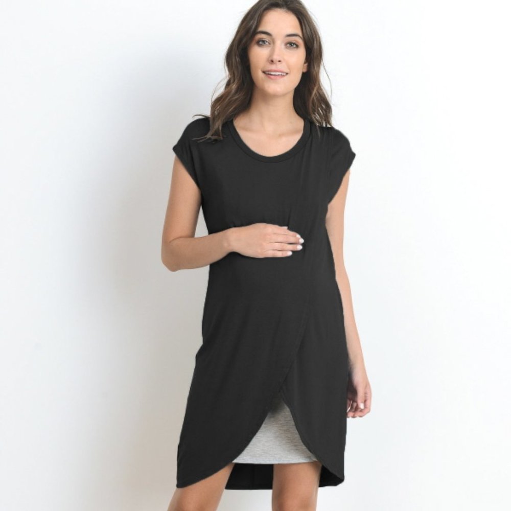 [CND1059] BK/GY Round Neck Color Block Asymmetrical Wrap Modal Nursing Tunic